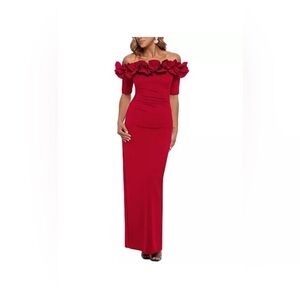 Xscape Red Off-Shoulder Gown